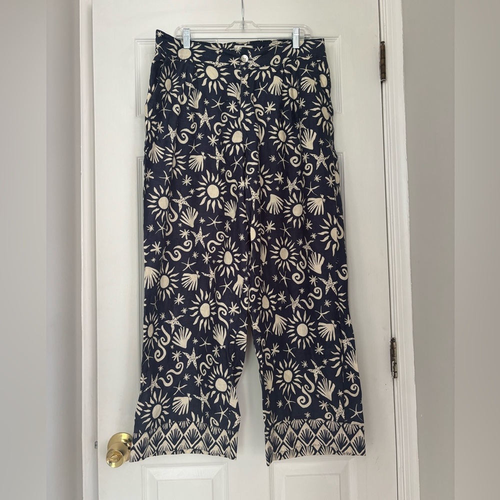 Coastal print pleated linen pants